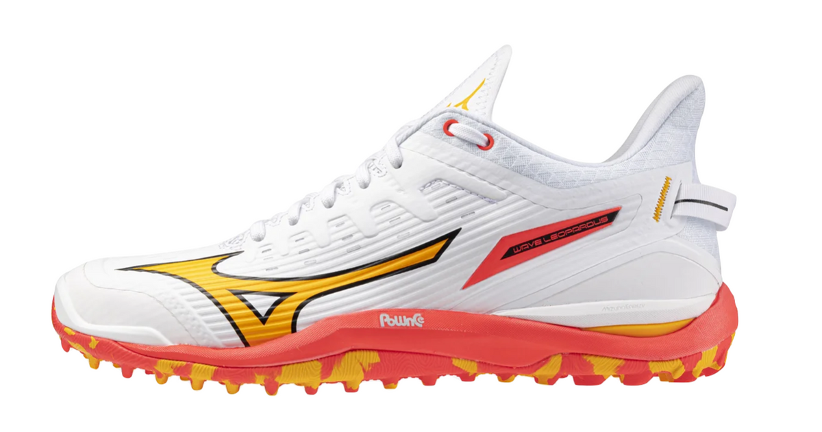 MIZUNO Wave Leopardus (White/Fiery Coral/Citrus) Mens – Hockey